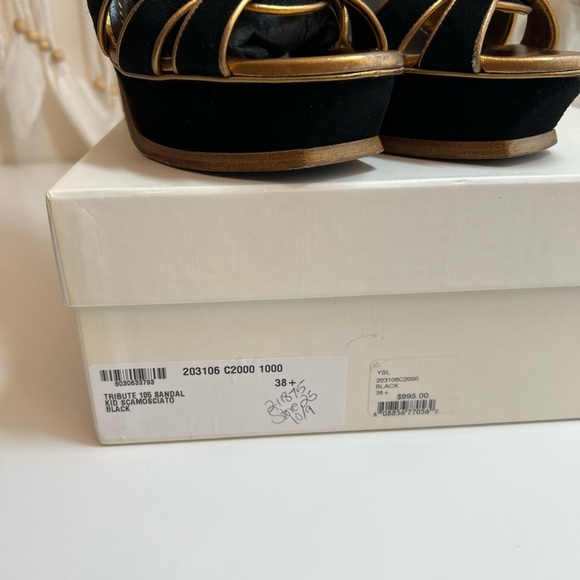 Yves Saint Laurent YSL Suede Black Gold Cutout Accent T-Strap Sandals - Picture 8 of 13